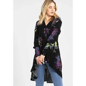 Free People Field Of Butterflies Tunic Dress SZ S Black V-Neck Boho Hi-Low